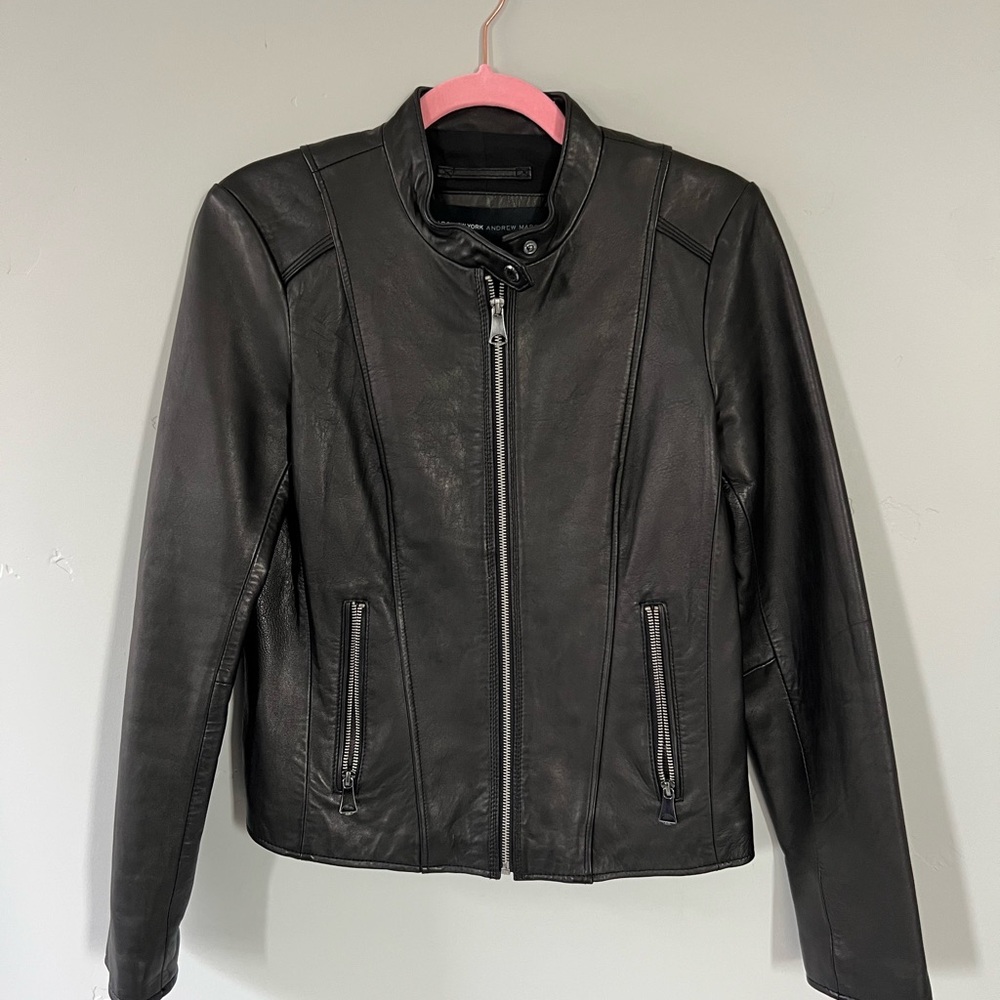 Andrew Marc Black Leather Moto Jacket – Size Medium